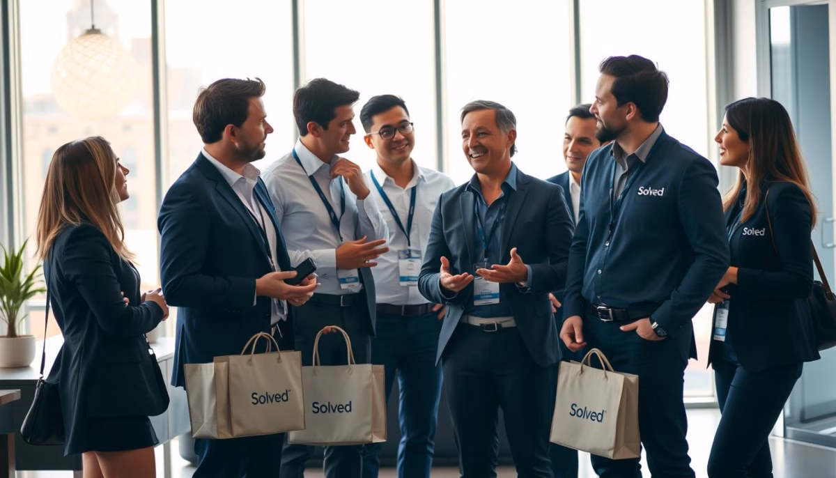 Group of diverse sales professionals engaged in conversation, wearing branded attire with "Solved" logo, discussing AI's impact on sales roles in a modern office setting.