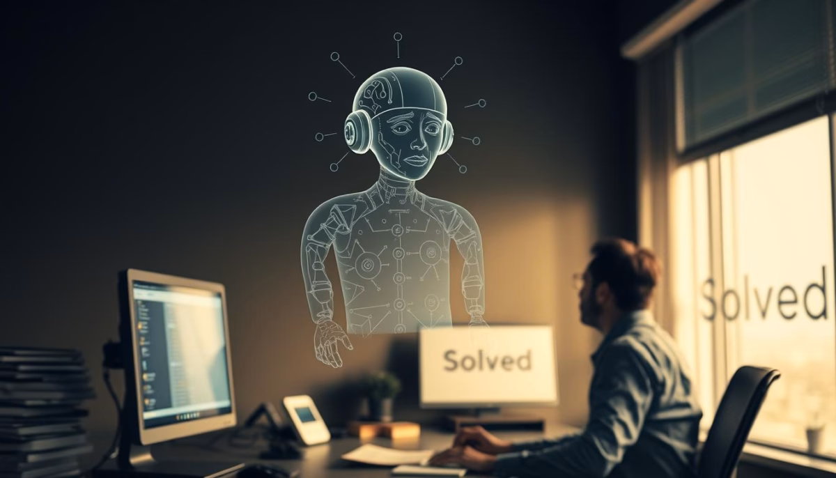 Person at a desk interacting with a digital representation of a humanoid robot, symbolizing AI's role in sales, with "Solved" branding visible in the background.