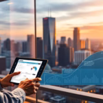 Person using tablet to analyze sales data with city skyline in background, representing AI Sales Assistants enhancing sales efficiency and automation.