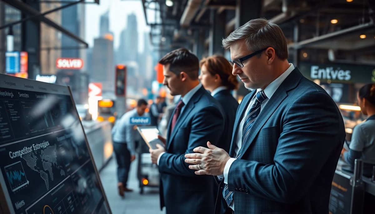 Business professionals analyzing competitor strategies using AI tools in an urban setting, emphasizing market intelligence and competitive research.
