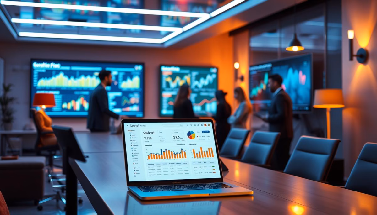 Laptop displaying sales analytics and graphs in a modern conference room with professionals discussing AI Sales Assistants and enhancing sales conversions.