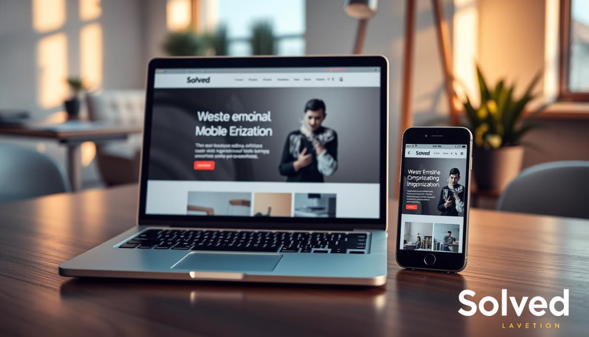 Laptop and smartphone displaying Solved's mobile optimization website, emphasizing responsive design and user engagement strategies.