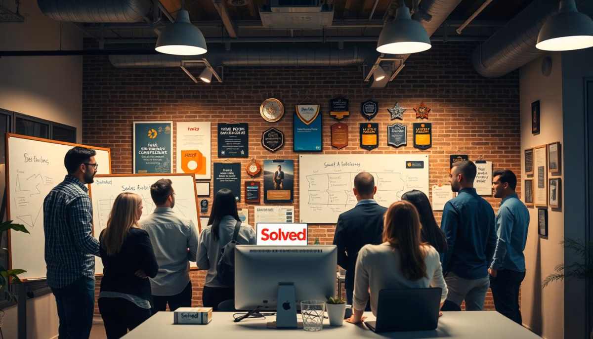 Team collaborating in a modern office setting, discussing sales automation strategies, with a focus on the "Solved" brand logo and various achievement plaques on the wall.