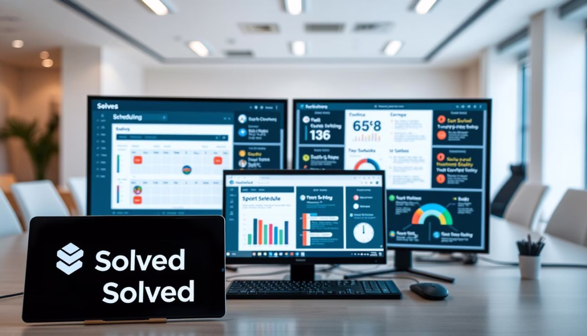 Solved branding displayed on a tablet in an office setting with multiple computer screens showing AI-driven scheduling tools, analytics, and data visualizations for small business productivity.