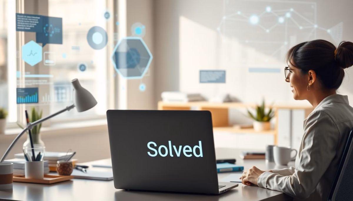 training AI for better engagement in conversational AI platforms Woman working on laptop with "Solved" displayed, surrounded by digital analytics and conversational AI graphics in a modern office setting, emphasizing customer engagement and AI technology.