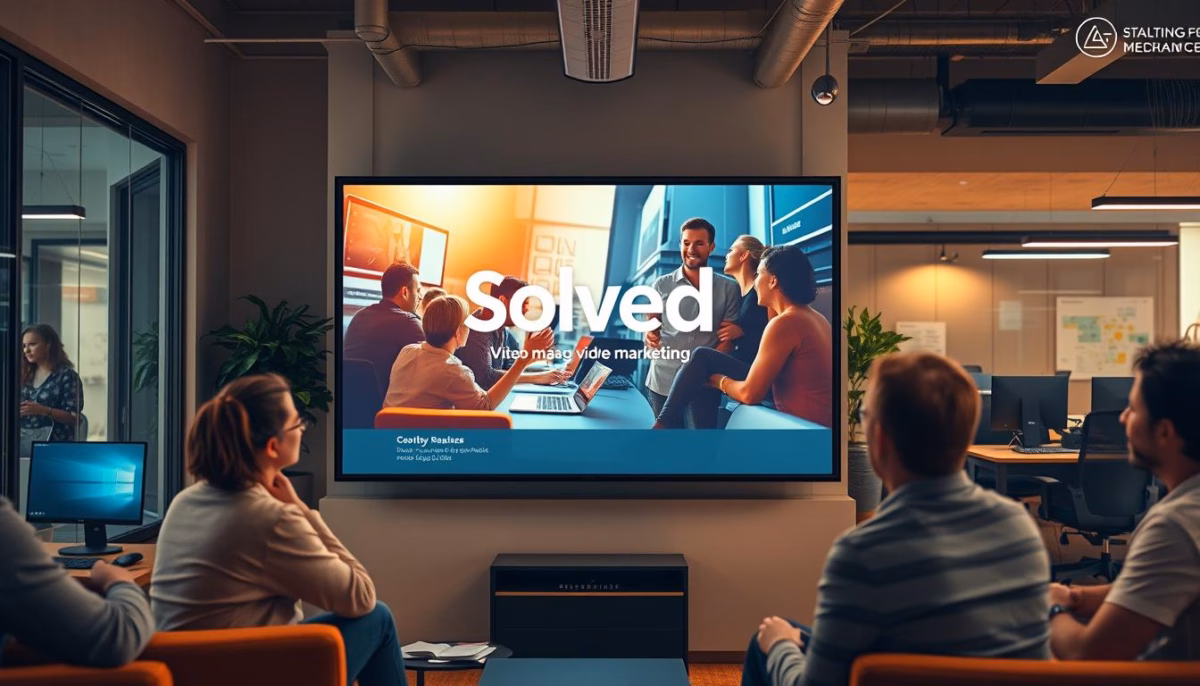 Group of professionals watching a presentation titled "Solved: Video Made Video Marketing," showcasing AI tools for video ads in a modern office setting.