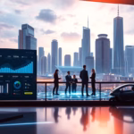Silhouetted business professionals analyzing data on a digital screen with a city skyline in the background, representing AI-driven insights for optimizing outbound sales strategies.