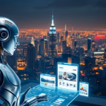 AI robot analyzing data with city skyline at night, representing automated lead nurturing and sales optimization for enhanced customer engagement.