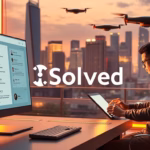 Person using a laptop at a desk with city skyline backdrop, featuring the Solved logo, illustrating automation in customer surveys and AI-driven feedback analysis.