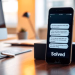 Smartphone displaying AI-powered SMS follow-ups with the brand name "Solved," emphasizing customer engagement and AI applications in business growth.