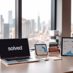 Laptop and tablet displaying data analytics and the Solved logo, with a city skyline in the background, representing AI applications in customer behavior analysis.