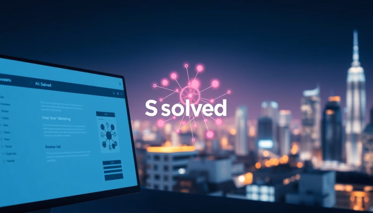 Screen displaying AI-driven website analytics with "S solved" logo, city skyline background, emphasizing personalized user experiences and engagement.