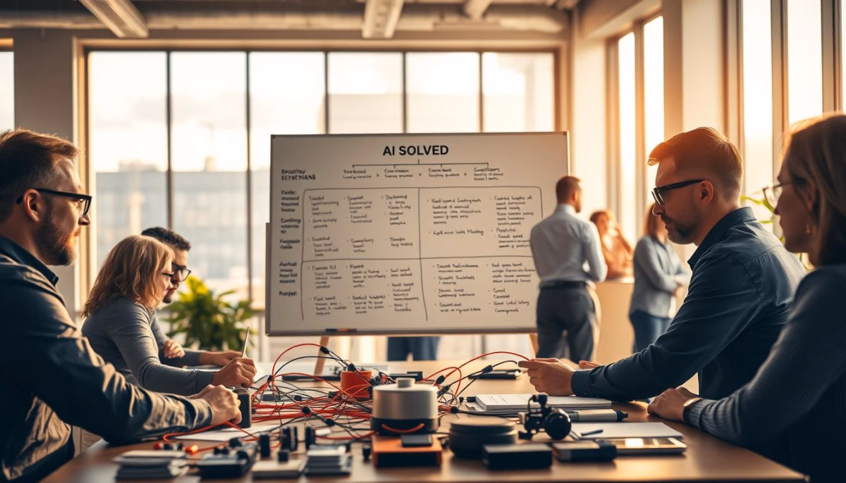 Team collaborating in a modern office setting, discussing AI solutions, with a whiteboard labeled "AI SOLVED" displaying various AI applications and strategies for customer behavior analysis.