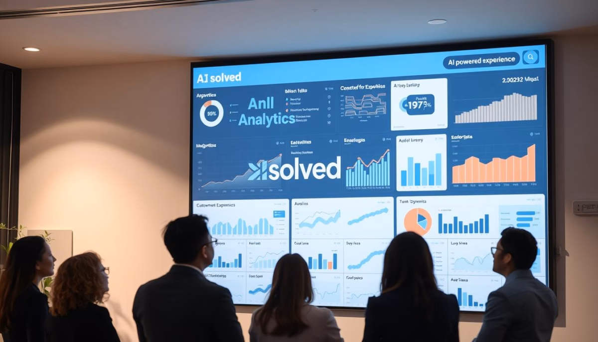 Group of professionals observing a digital dashboard displaying AI analytics and conversion metrics for website optimization, featuring the brand "Solved" and various data visualizations related to customer experience and performance insights.