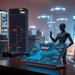 AI-driven sales tools and analytics dashboard showcasing personalized email marketing strategies for enhanced engagement and sales, with futuristic cityscape in background.