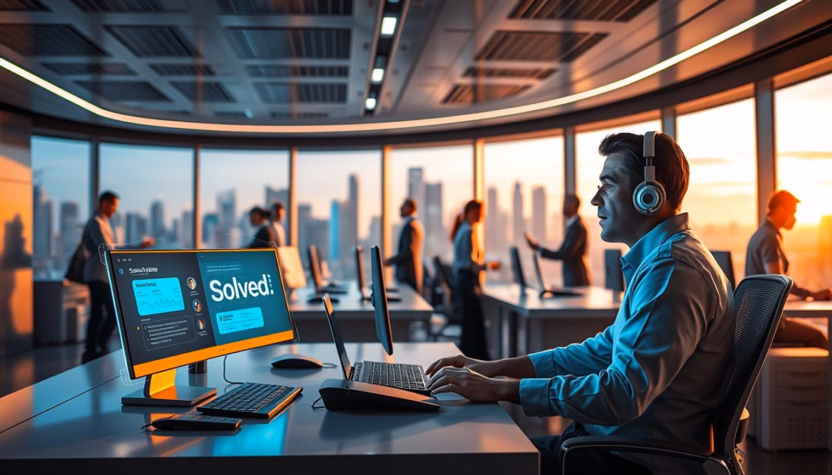 Man wearing headphones working at a desk with computer screens displaying "Solved," in a modern office setting, emphasizing AI-driven personalized website experiences.