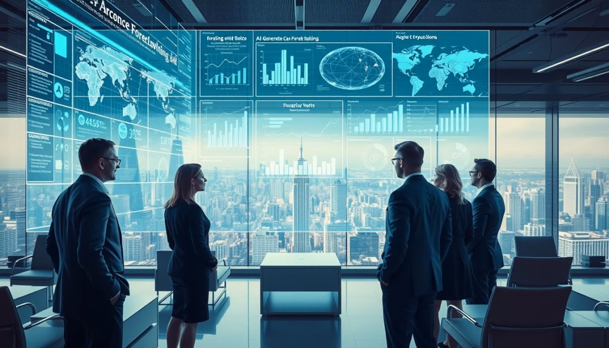 Business professionals analyzing AI-driven market forecasting data on digital displays in a modern office setting with city skyline view.