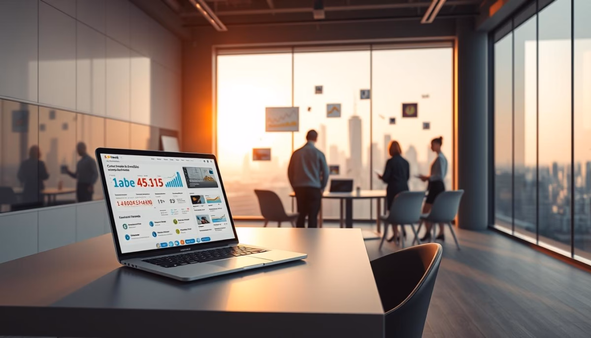 Laptop displaying data analytics and customer behavior insights in a modern office setting, with business professionals discussing strategies for AI-driven affiliate marketing.