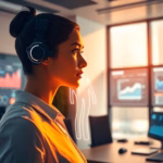 Woman with headset in a modern office setting, engaged in customer service, with data analysis charts in the background, illustrating AI-enhanced customer support.
