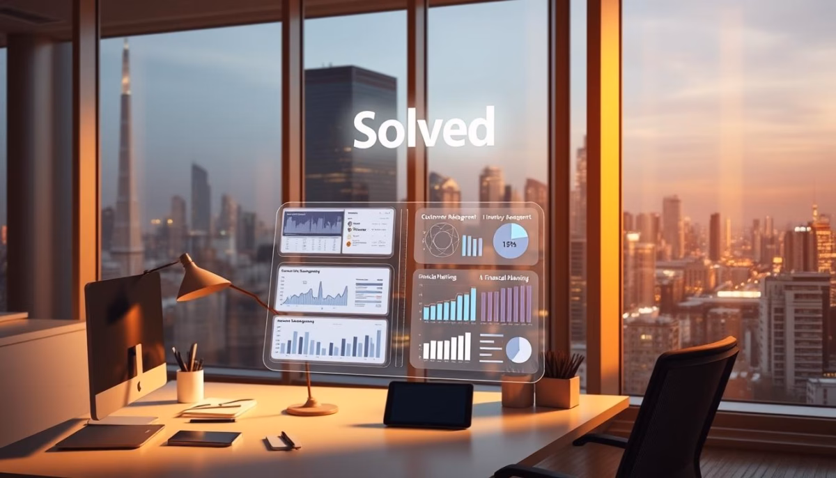 Modern office workspace with a digital dashboard displaying AI analytics for customer relationship management, financial planning, and marketing strategies, featuring the brand name "Solved" prominently.