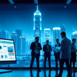 Business professionals discussing AI-powered A/B testing strategies in front of a digital display, showcasing marketing performance insights against a city skyline backdrop.