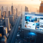 Futuristic digital interface displaying personalized website experiences over a city skyline, emphasizing AI and automation for customer engagement and feedback analysis.