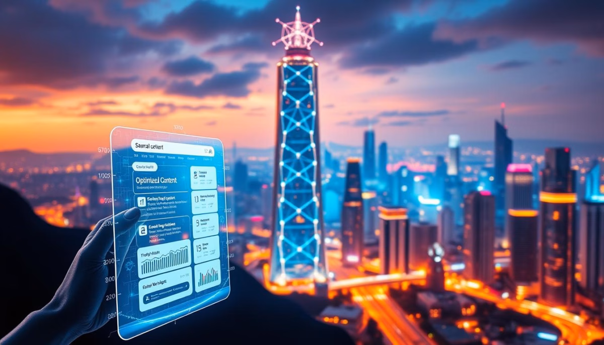 Hand holding a digital interface displaying optimized content metrics against a futuristic city skyline, highlighting AI's role in content strategy and marketing effectiveness.