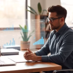 Man sitting at a desk with a laptop, analyzing data visualizations and graphs, representing AI-driven lead data enrichment for small business sales improvement.