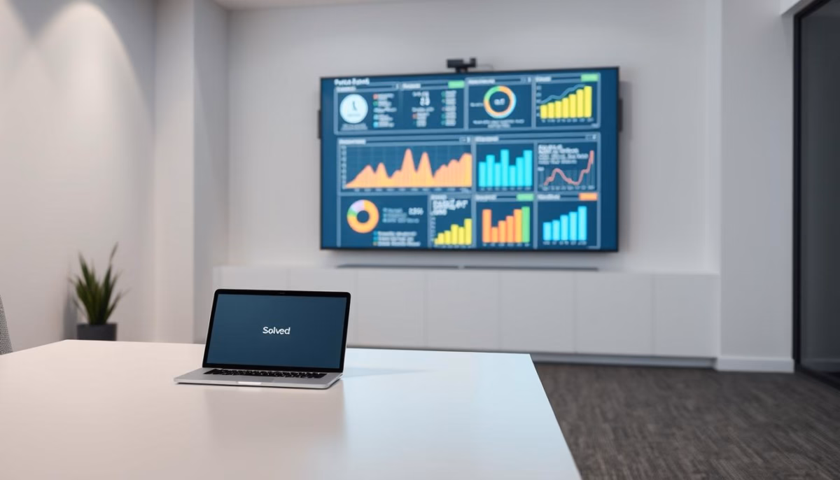 Laptop with "Solved" logo on a table, displaying customer survey analytics on a wall-mounted screen, highlighting data visualization and feedback trends for small business automation.