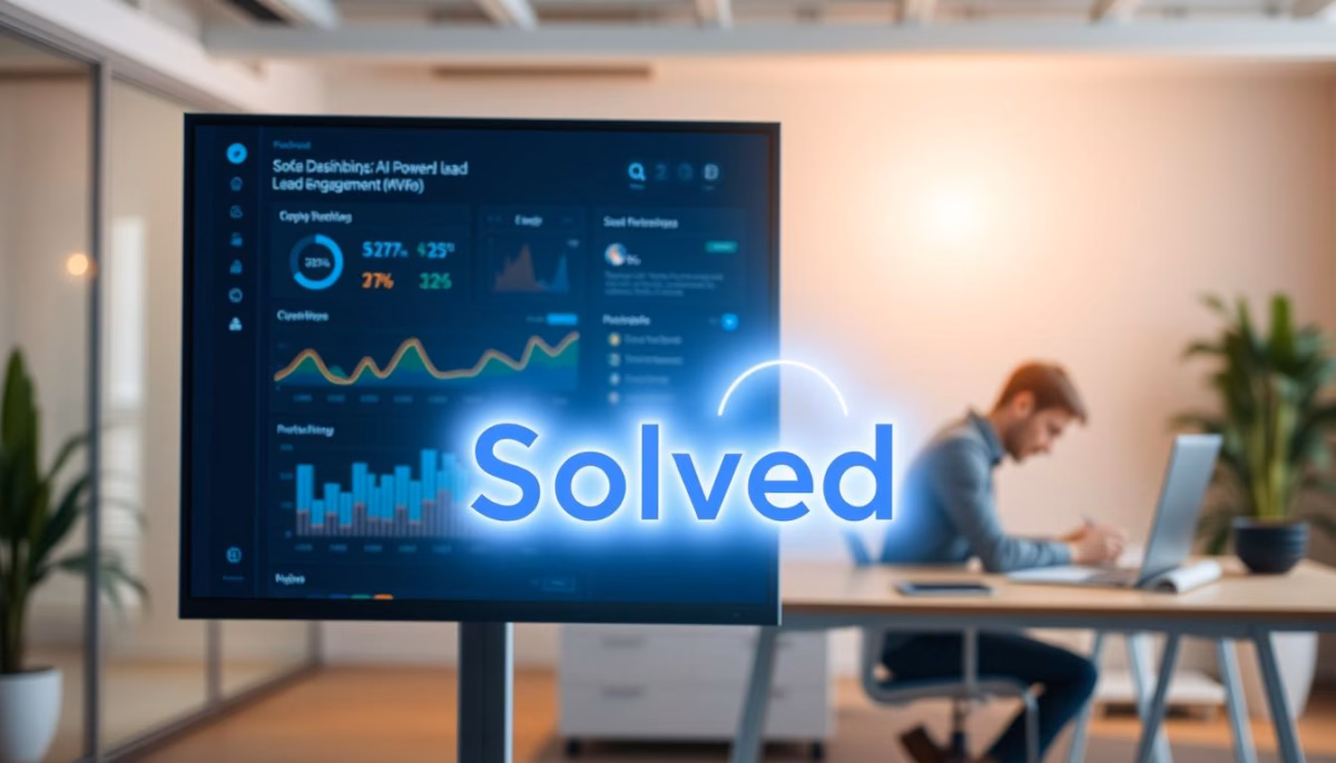 Screen displaying AI-powered lead engagement metrics with "Solved" branding, featuring data visualizations and a person working at a desk in a modern office setting.