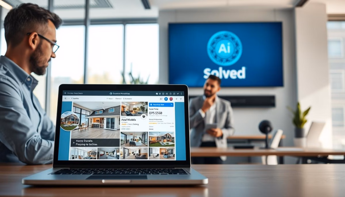 Business professionals utilizing AI technology for real estate marketing, laptop displaying property listings, "Solved" brand logo on screen.