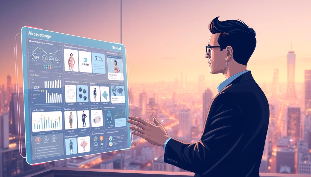 Business professional interacting with a futuristic digital display showcasing AI marketing strategies and analytics for e-commerce, with a city skyline in the background, emphasizing the integration of AI in enhancing online sales and customer engagement.