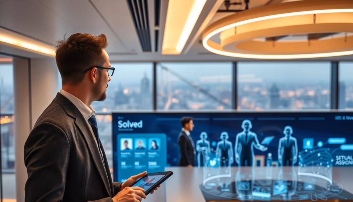 Business professional using tablet in a modern office, with digital display showcasing AI solutions and customer engagement strategies related to e-commerce, branded with "Solved."