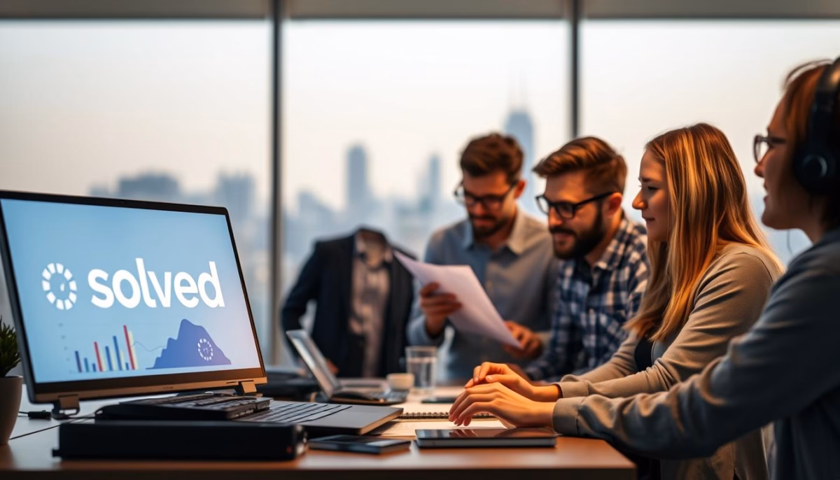 Team collaborating in an office setting, with a focus on a computer screen displaying the "solved" logo, emphasizing AI-powered marketing strategies and A/B testing insights.
