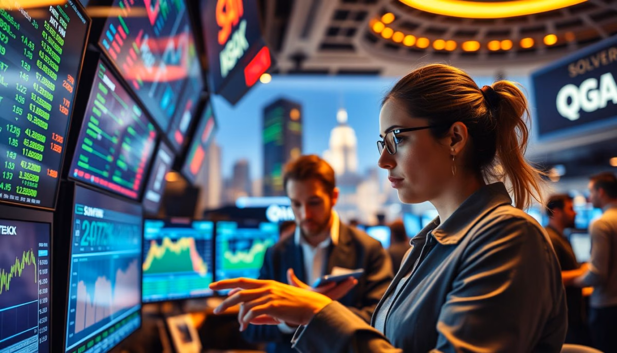 Businesswoman analyzing AI-driven market data on multiple screens in a financial trading environment, emphasizing data-driven decision-making and trend forecasting.