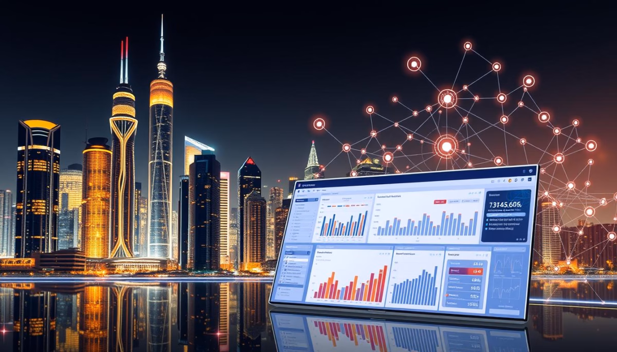AI-powered dashboard displaying lead data analytics with a city skyline at night, highlighting automated data enrichment for small businesses.