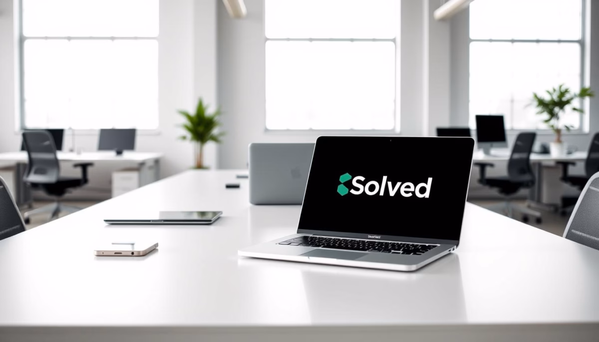 Laptop displaying Solved logo in modern office setting, emphasizing AI solutions for email marketing outreach and automation.