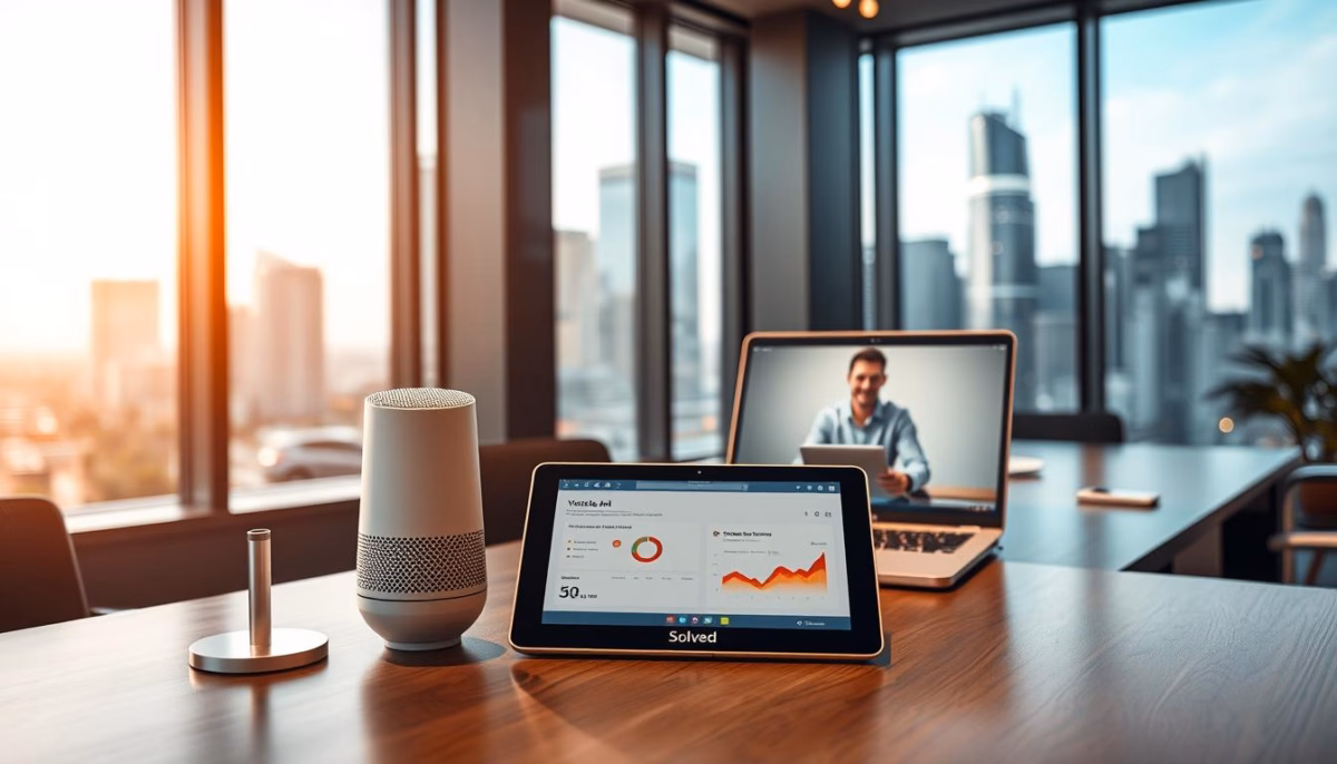 Smart office setting featuring a smart speaker, touchscreen display with sales analytics from Solved, and a laptop showing a video call, emphasizing the integration of Voice AI in enhancing outbound sales strategies.