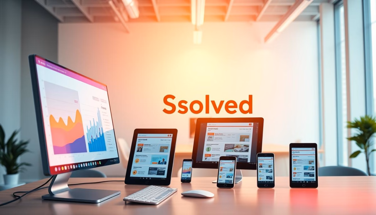 Desktop and mobile devices displaying email marketing analytics and AI tools, with "Ssolved" logo, emphasizing the role of AI in enhancing email marketing strategies.