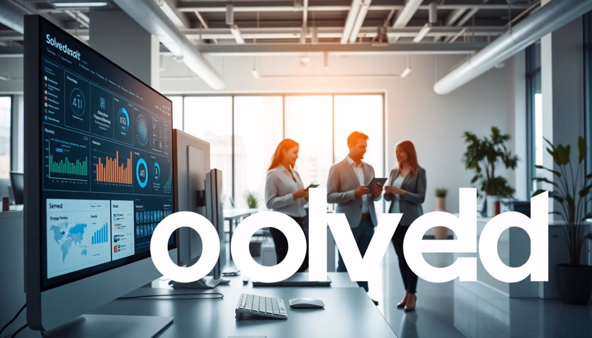 Office setting with three professionals discussing, computer displaying data analytics and AI tools, Solved branding visible, emphasizing business efficiency and growth through technology.