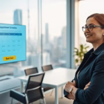 Professional woman smiling while viewing a digital screen displaying appointment scheduling metrics in a modern office setting, emphasizing AI tools for sales efficiency.