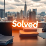 Solved logo in an office setting with city skyline, representing AI solutions for enhancing customer service and sales.