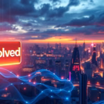City skyline at dusk with glowing blue wave and "Solved" logo, representing AI-driven solutions for conversion rate optimization.