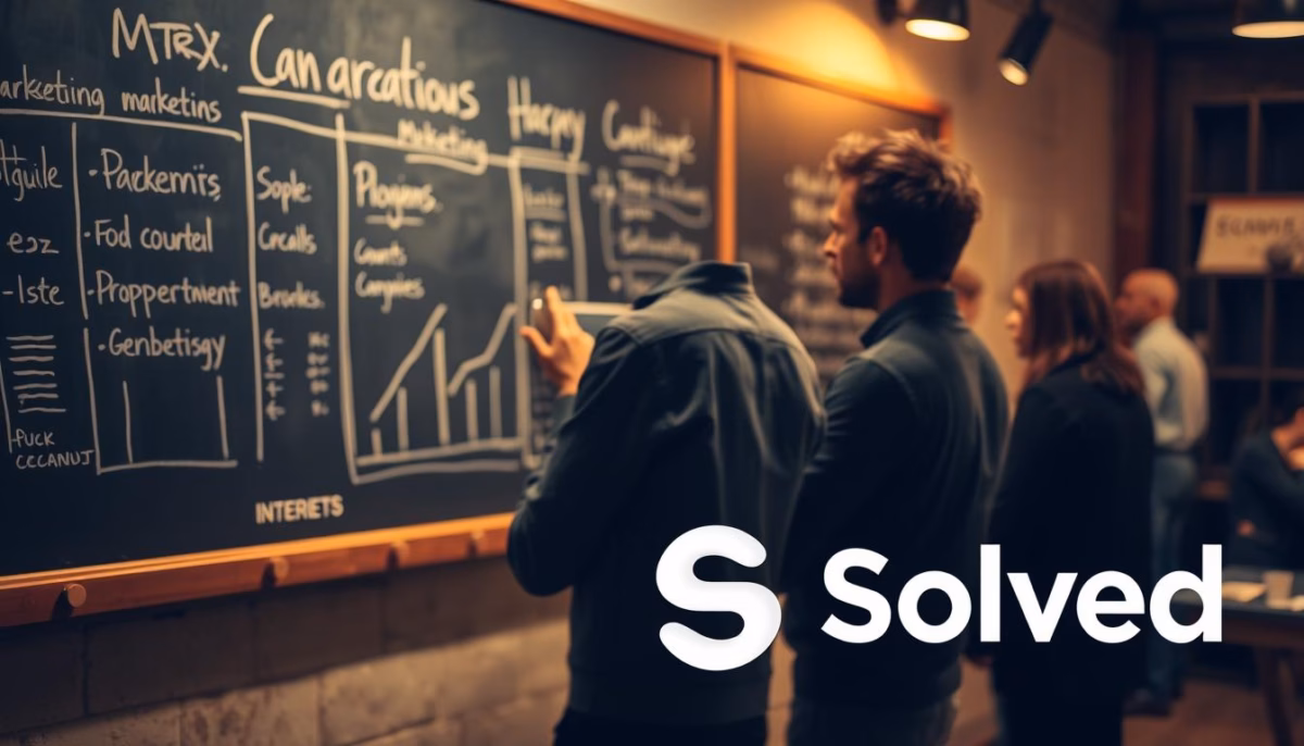 People analyzing marketing strategies on a chalkboard with graphs and notes, featuring the Solved logo, emphasizing AI-powered A/B testing for improved marketing performance.