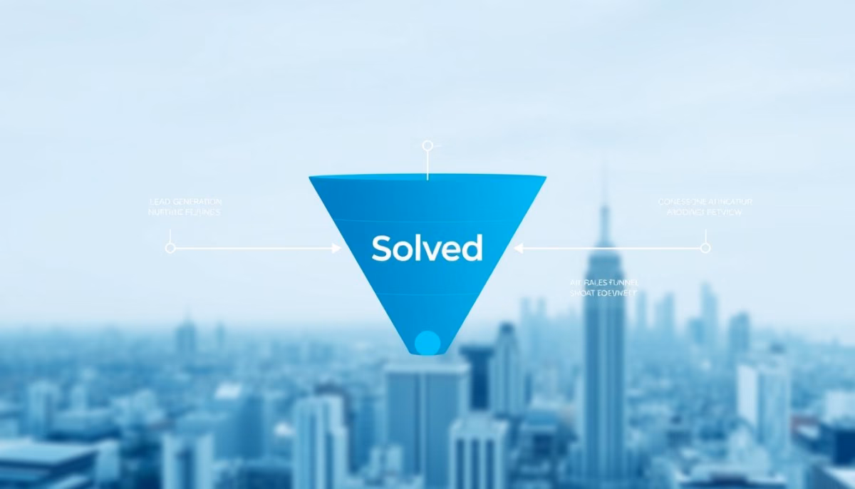 Sales funnel graphic with "Solved" branding, illustrating automated lead nurturing and AI-driven sales processes against a city skyline background.