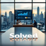 Solved logo with a modern office setting, data analytics dashboard displaying graphs, city skyline in background, representing AI-driven lead data enrichment for small businesses.