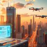 Futuristic skyline with drones flying over a city, emphasizing the integration of AI in e-commerce and marketing strategies.
