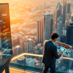 Business professional analyzing digital marketing data on a futuristic screen with a city skyline at sunset, representing AI's impact on marketing strategies for small businesses.