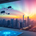 Futuristic city skyline with drones flying above, symbolizing AI advancements in digital marketing and PPC strategies.
