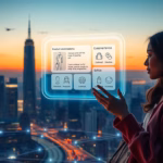 Woman interacting with a digital interface showcasing AI tools and analytics for enhancing sales strategies, with a city skyline at sunset in the background.